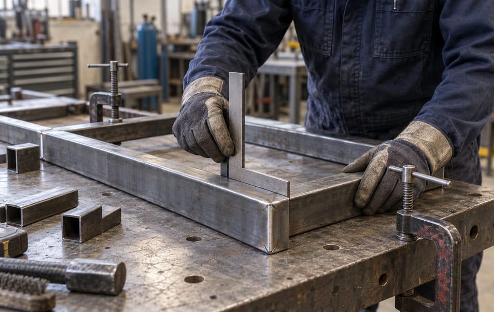 Illustration of a fabricator measuring and clamping a steel frame assembly
